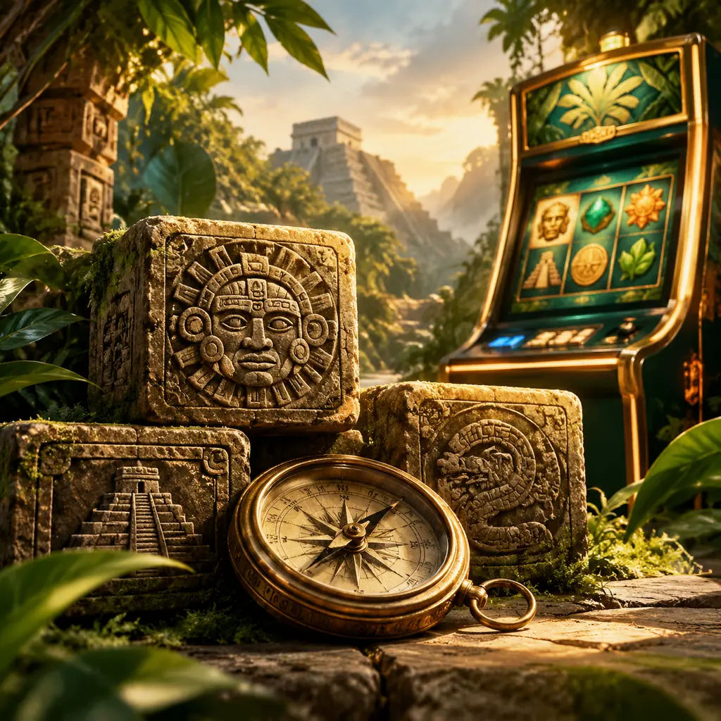 Blok batu dan dekorasi penjelajahan di samping mesin slot casino