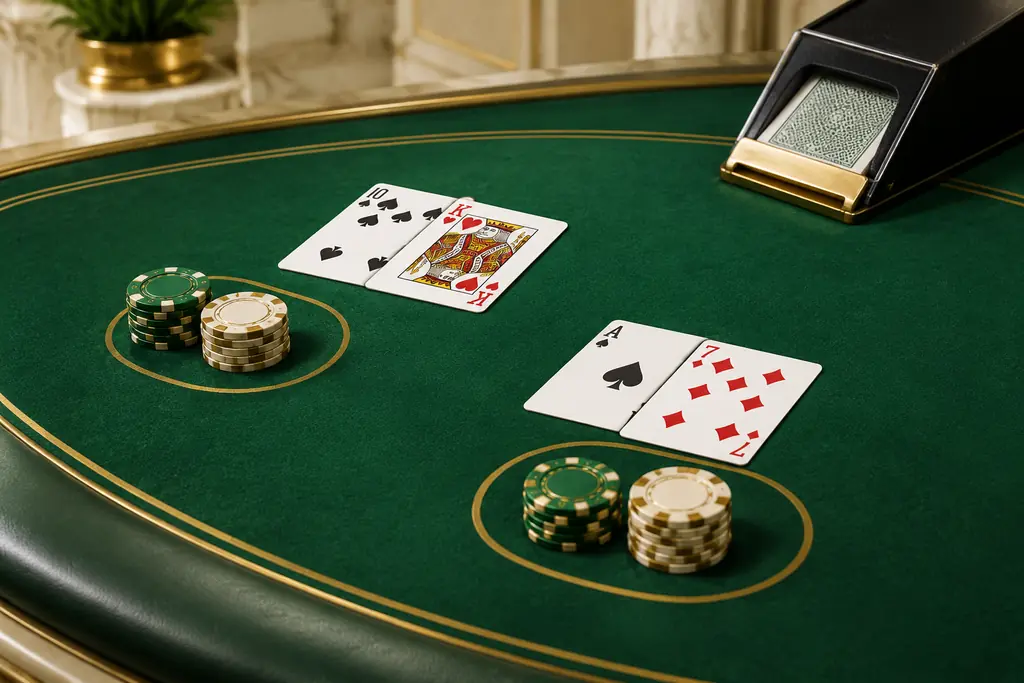 Kartu dan chip di atas meja blackjack casino