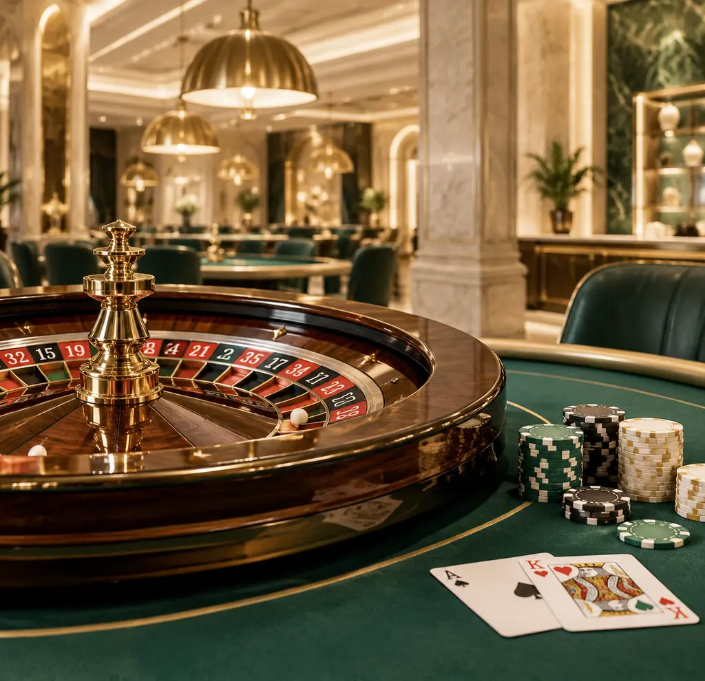 Meja roulette dan kartu dalam ruang casino bernuansa hijau tua dan emas