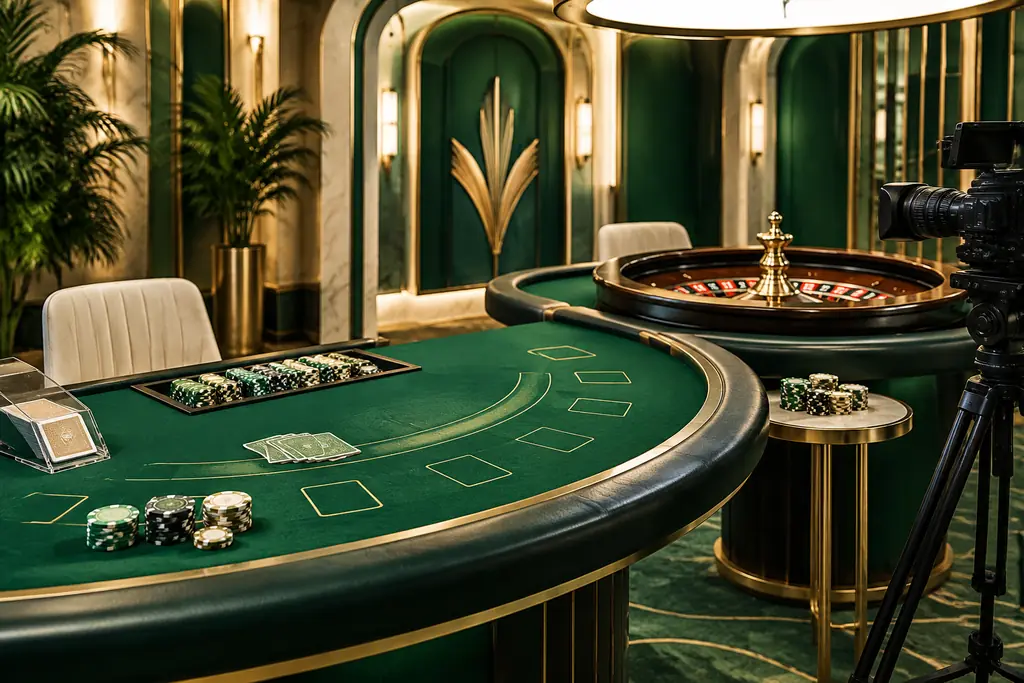 Meja kartu dan roulette dengan kamera studio casino