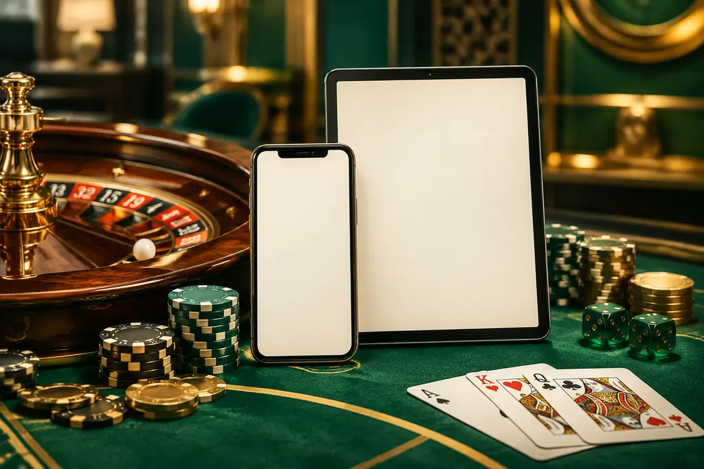 Ponsel dan tablet di samping meja roulette casino