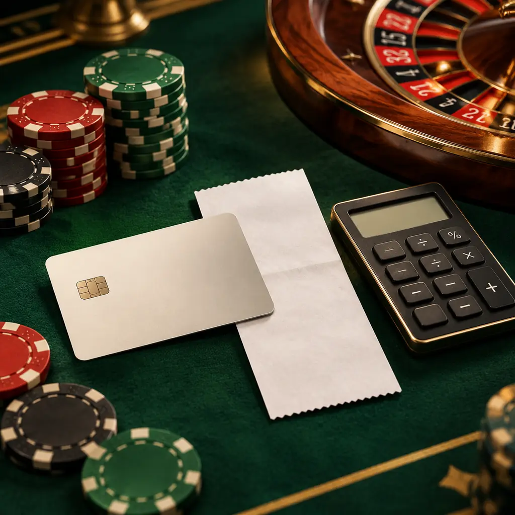Kartu polos dan catatan transaksi tanpa data di samping chip casino