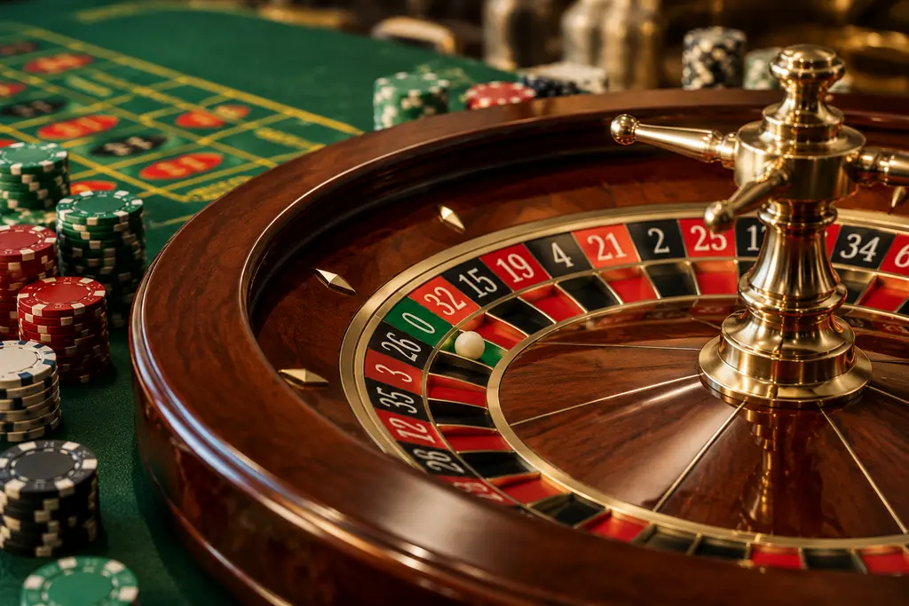 Roda roulette dan bola putih di meja casino