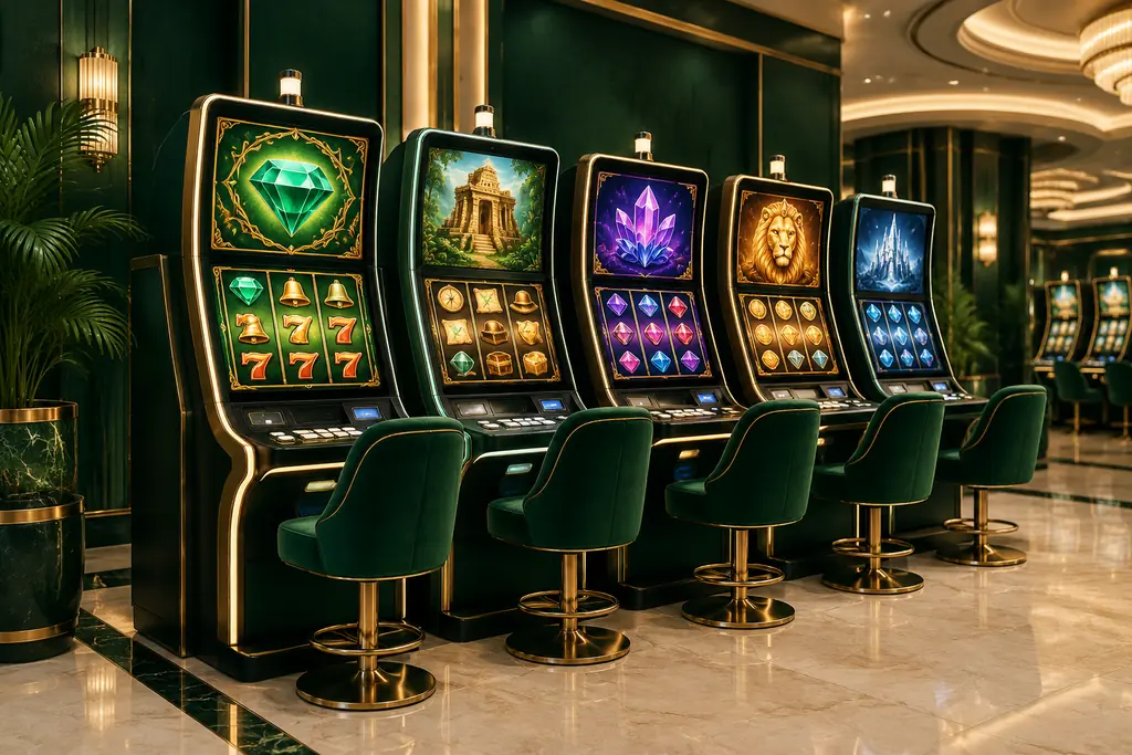 Deretan mesin slot tanpa merek di ruang casino
