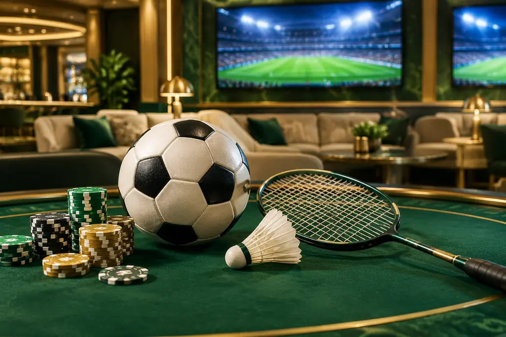 Bola sepak dan raket bulu tangkis di ruang olahraga casino