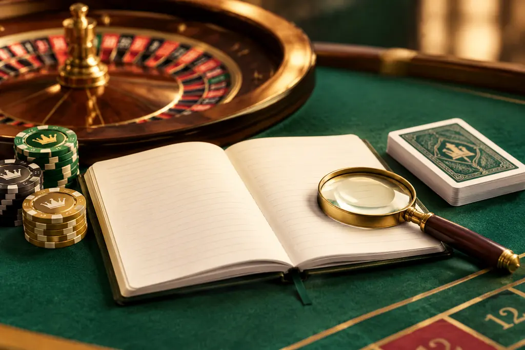 Buku catatan dan kaca pembesar di meja casino